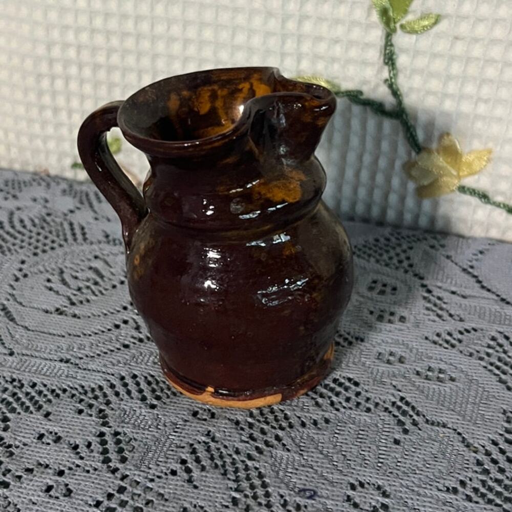 Jamestown Festival Park Redware Mini Pitcher Handmade Brown Glaze Pottery